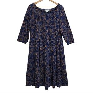 Ella Simone Dress 2X Blue Gold Cotton Floral 3/4 Sleeve Soft Stretchy Pullover